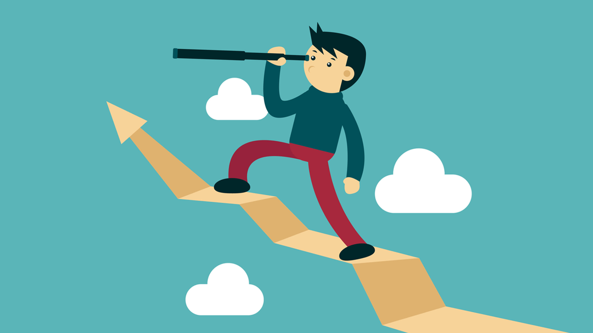 A cartoon man stands on an upward-trending arrow, looking through a telescope.