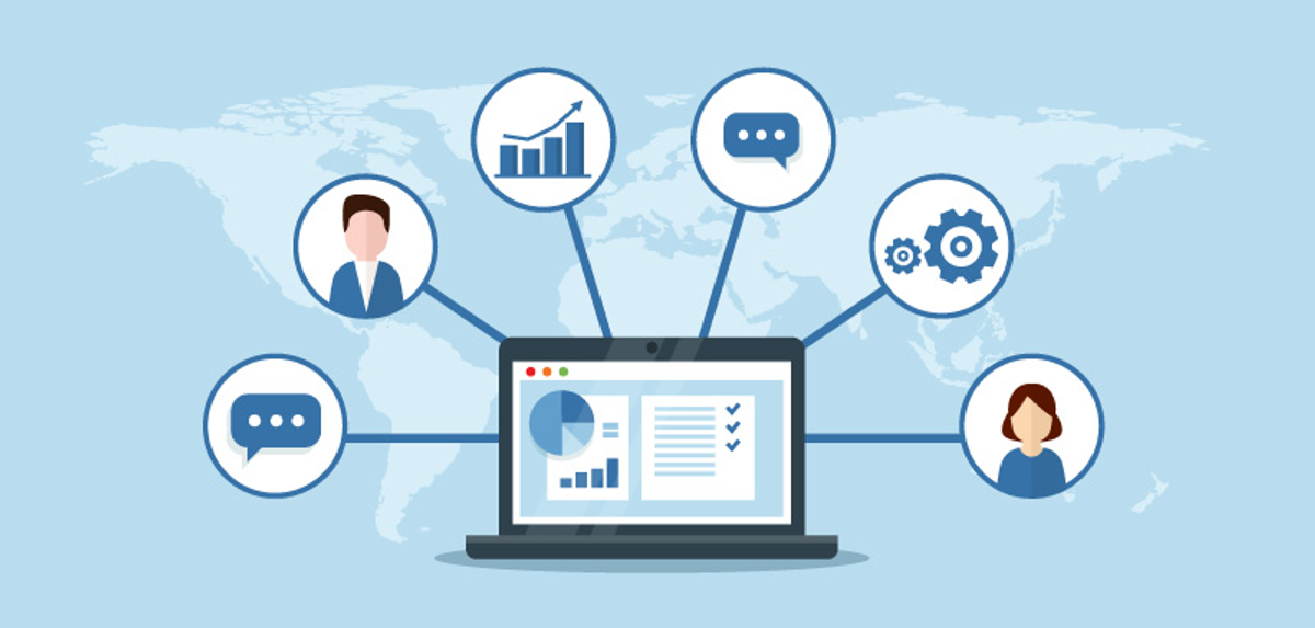 A laptop displaying a dashboard, connected to icons for users, communication, analytics, and processes, all on a world map background.