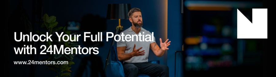 A man speaking and gesturing, with text "Unlock Your Full Potential with 24Mentors" and "www.24mentors.com".