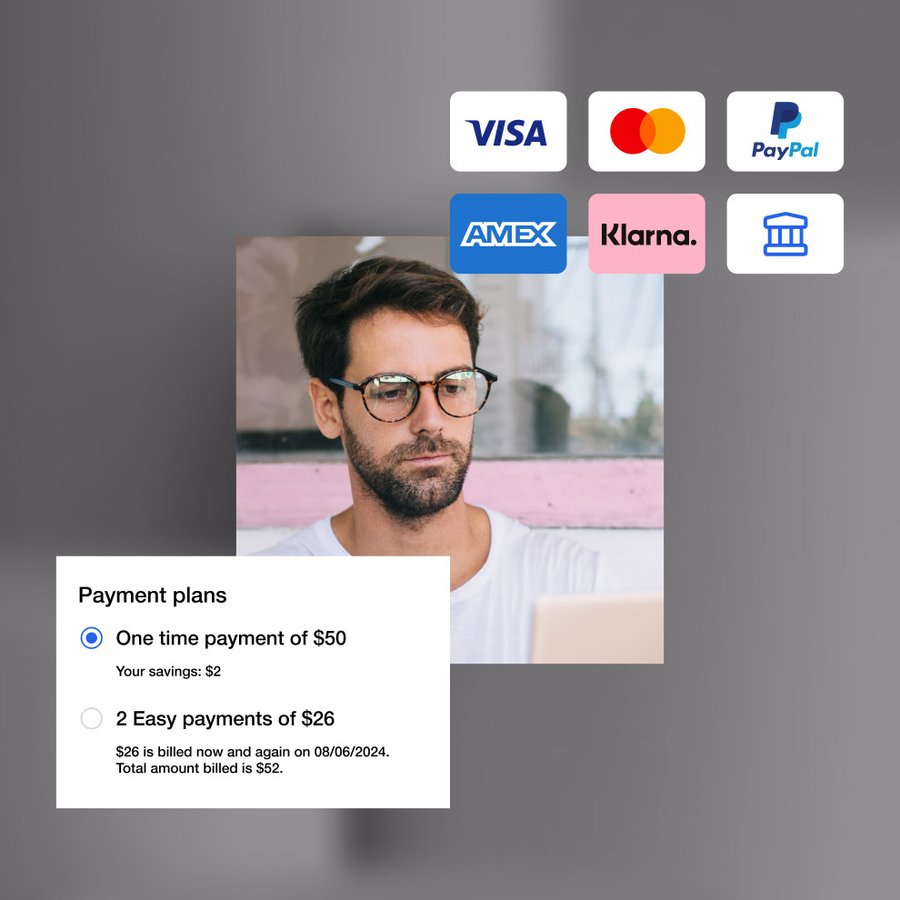 Man selecting a payment plan, with options for single or installment payments, and logos for Visa, Mastercard, PayPal, Amex, Klarna, and bank transfer visible.