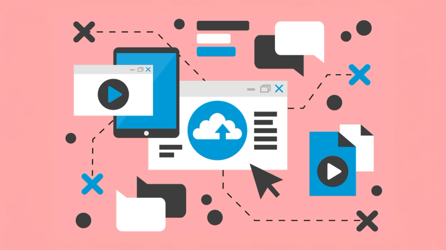 Illustration of digital media, cloud storage, and online communication.