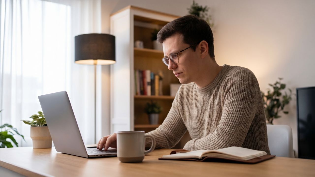 A man in glasses uses a laptop at a desk.