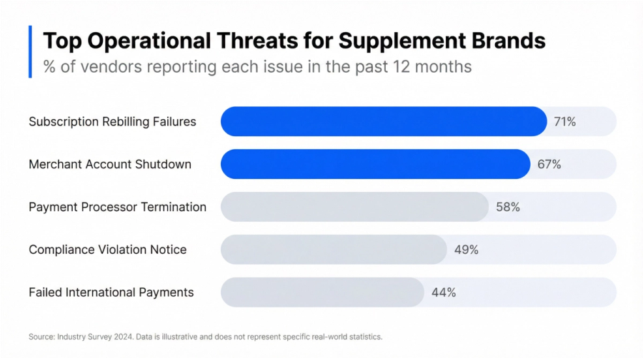 Bar chart showing top operational threats for supplement brands, with subscription rebilling failures (71%) and merchant account shutdown (67%) being the most common.