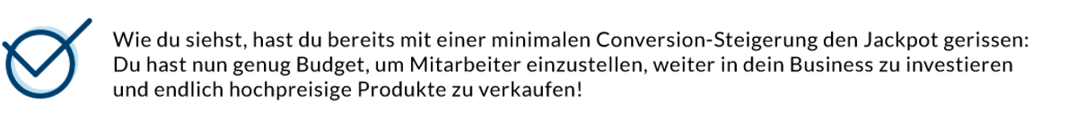 Blue checkmark and German text stating that a minimal conversion increase provides budget for hiring, investing, and selling high-priced products.