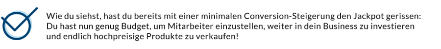Blue checkmark and German text stating that a minimal conversion increase provides budget for hiring, investing, and selling high-priced products.