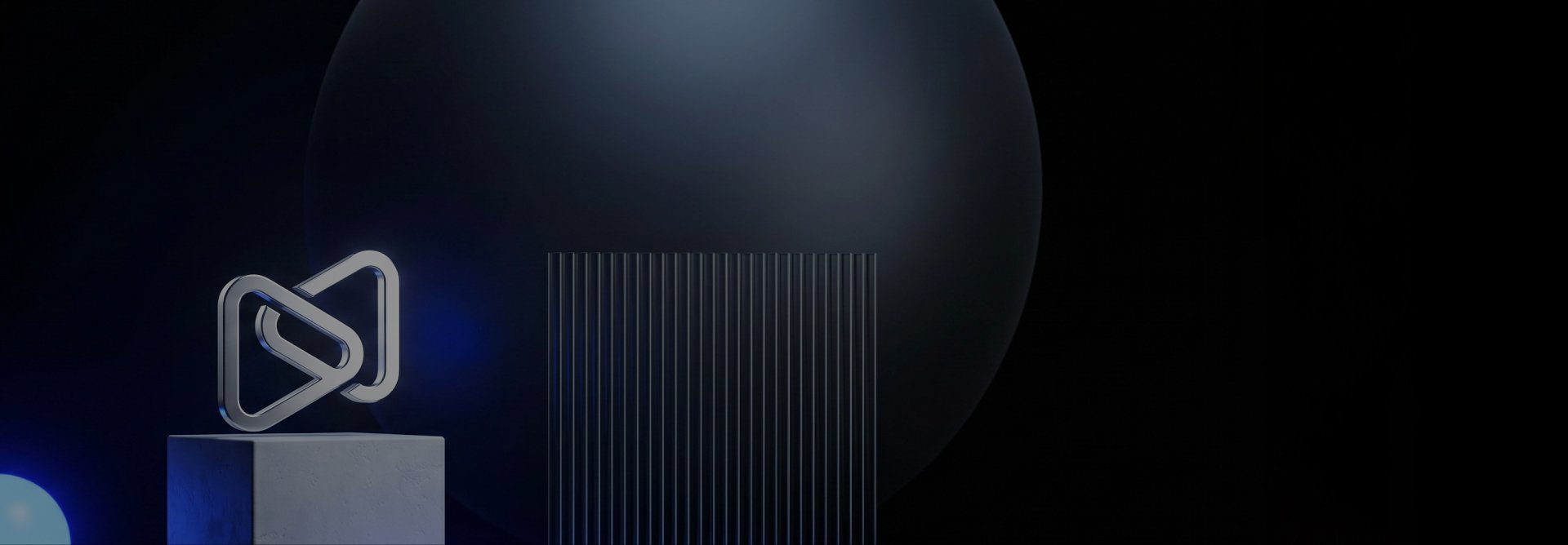 Metallic interlocking symbol on a pedestal against a dark, abstract background.