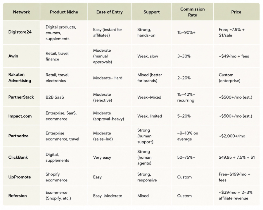 Table comparing 9 affiliate networks across product niche, ease of entry, support, commission rate, and price.