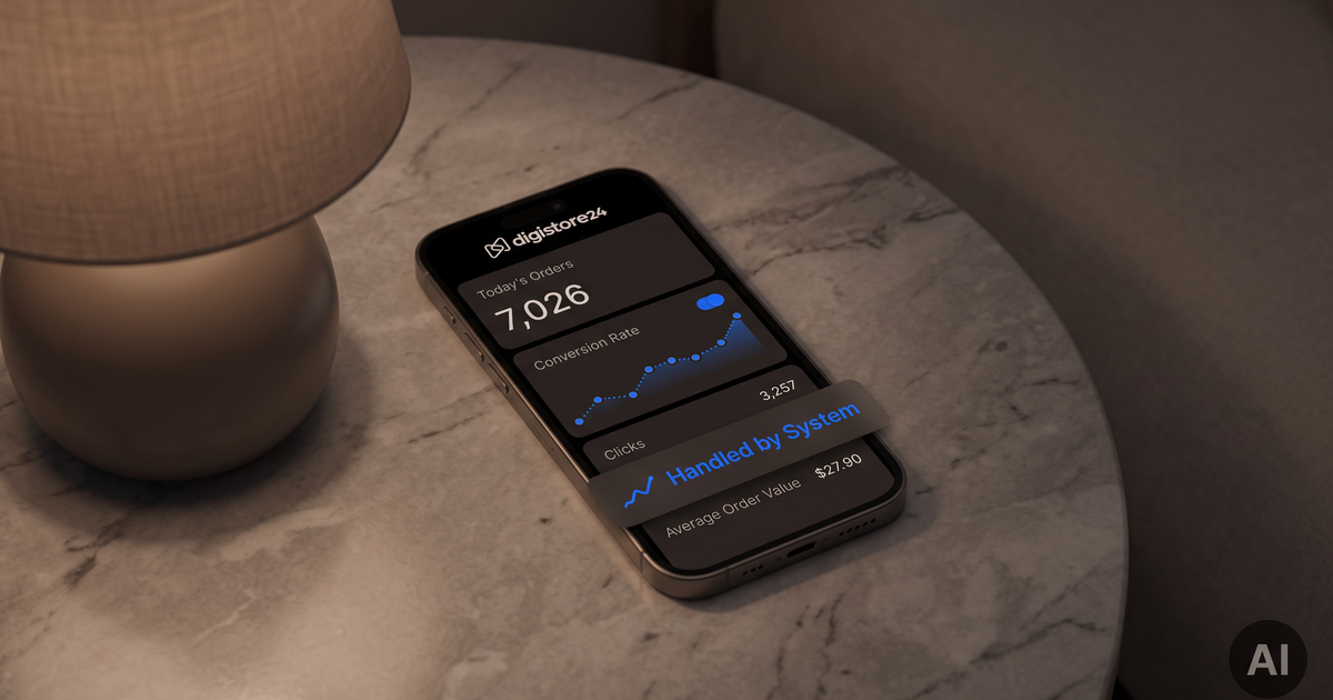 A smartphone displaying an e-commerce analytics dashboard with sales data and a "Handled by System" notification.
