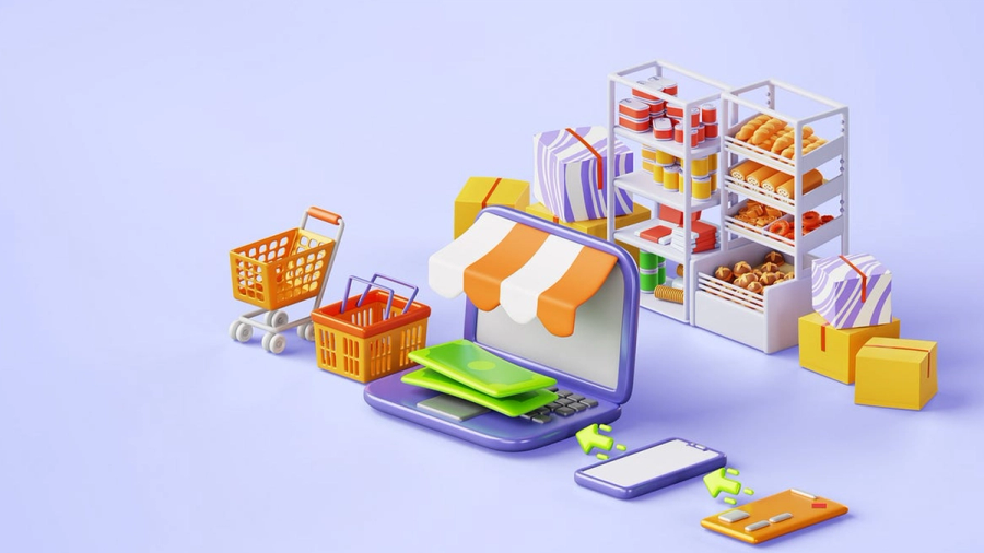 E-commerce concept with a laptop, shopping cart, groceries, and mobile devices in 3D.