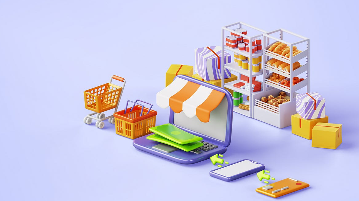 E-commerce concept with a laptop, shopping cart, groceries, and mobile devices in 3D.