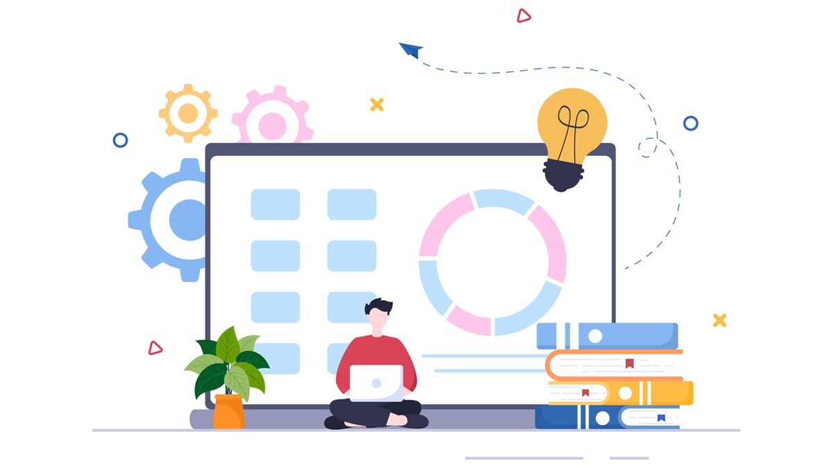 Illustration of a person using a laptop in front of a large monitor with data charts, surrounded by books, gears, and a lightbulb.
