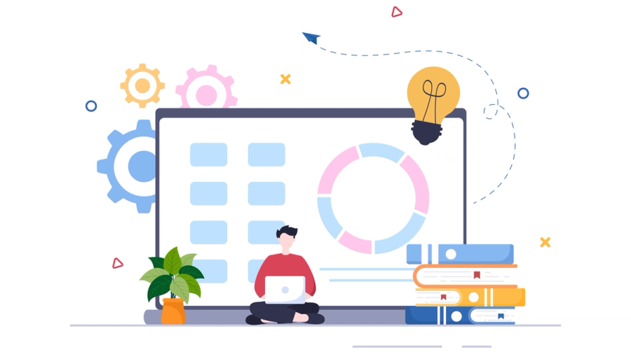 Illustration of a person using a laptop in front of a large monitor with data charts, surrounded by books, gears, and a lightbulb.