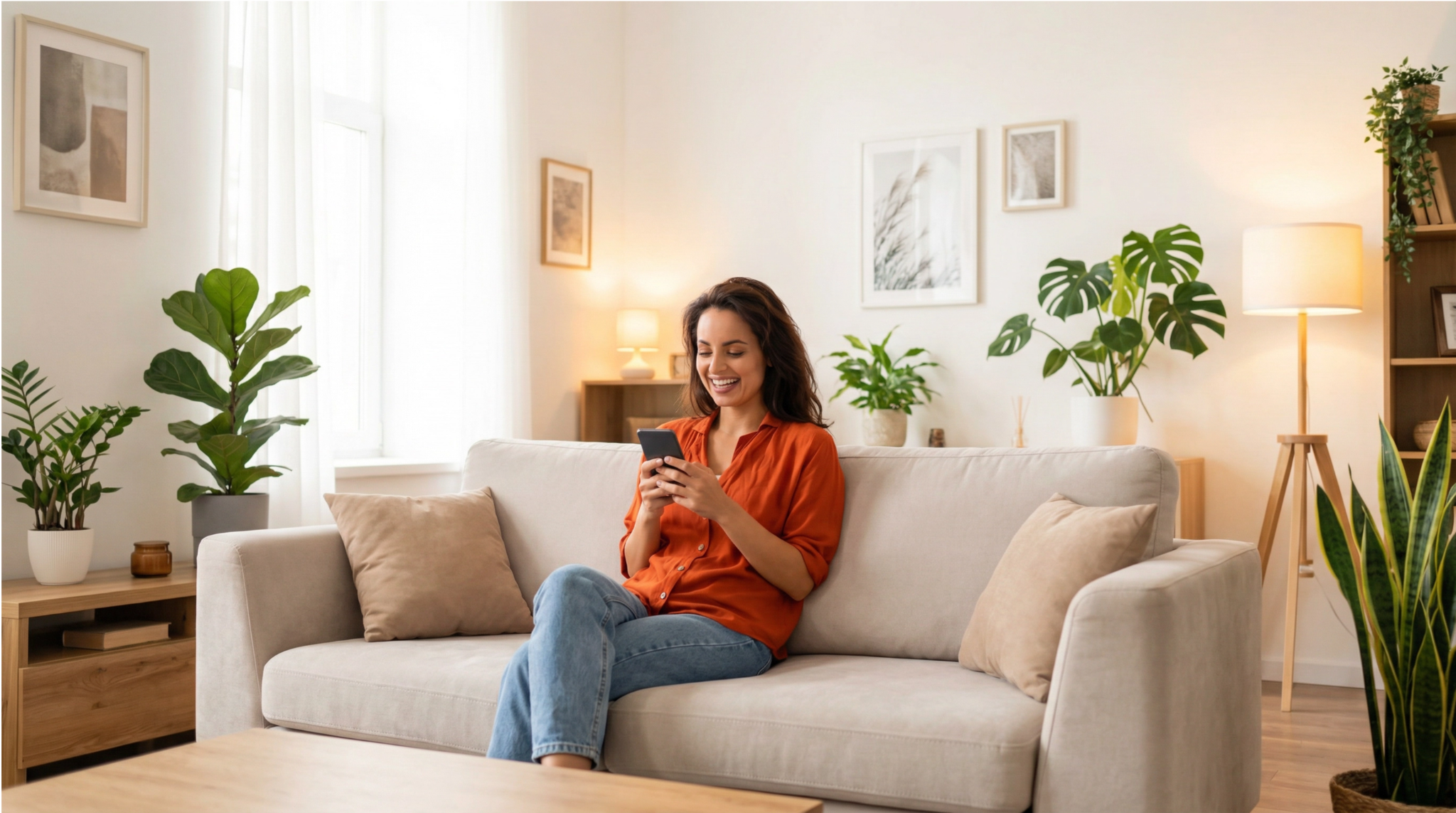 A smiling woman sits on a couch, looking at her phone in a cozy living room with plants.