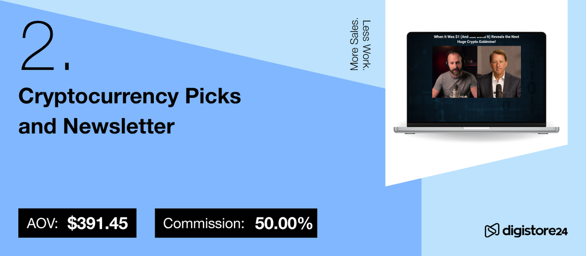 Number 2: Cryptocurrency Picks and Newsletter with AOV $391.45 and 50% commission, shown next to a laptop displaying a crypto-related video.