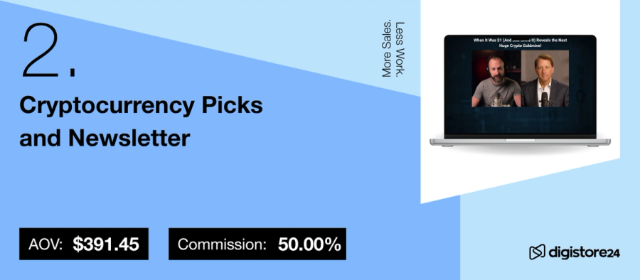 Number 2: Cryptocurrency Picks and Newsletter with AOV $391.45 and 50% commission, shown next to a laptop displaying a crypto-related video.