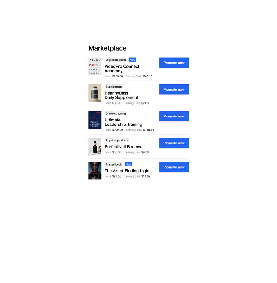 Screenshot of a marketplace interface listing various products with prices and "Promote now" buttons.