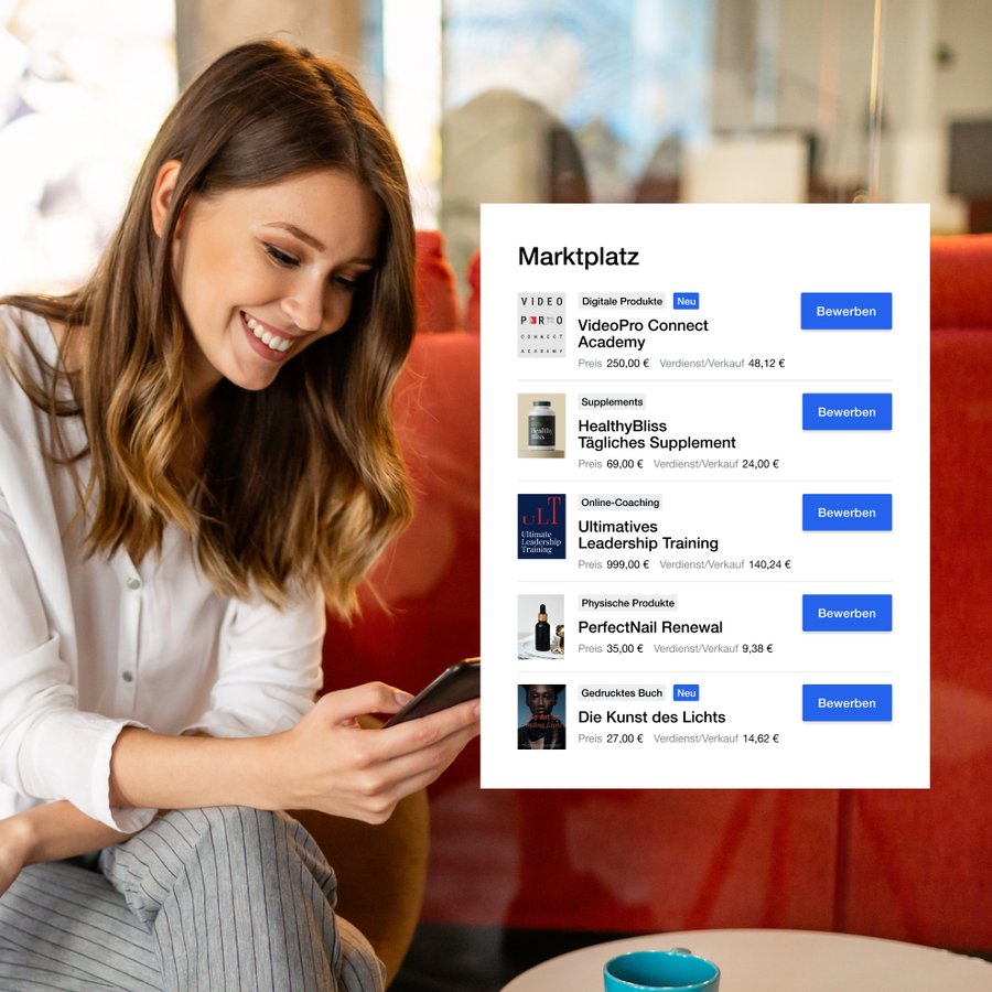 Smiling woman using a phone with a digital marketplace overlay showing various products and services.
