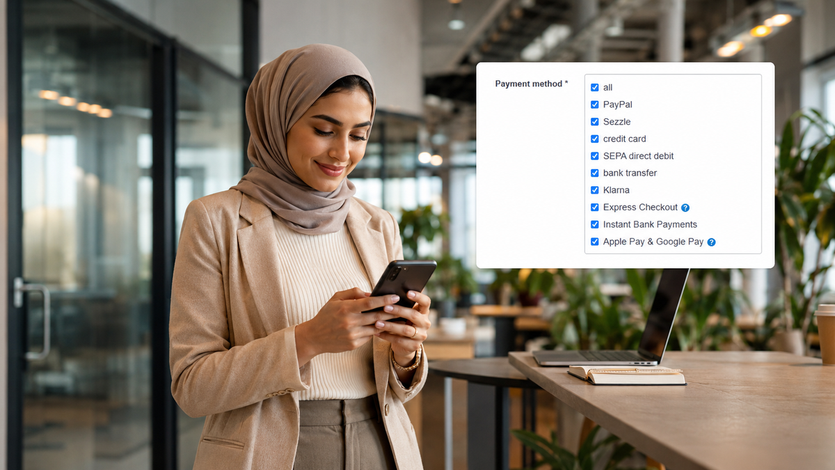 A woman in a hijab uses her phone with a "Payment method" menu showing options like PayPal, credit card, and Apple Pay overlaying the image.