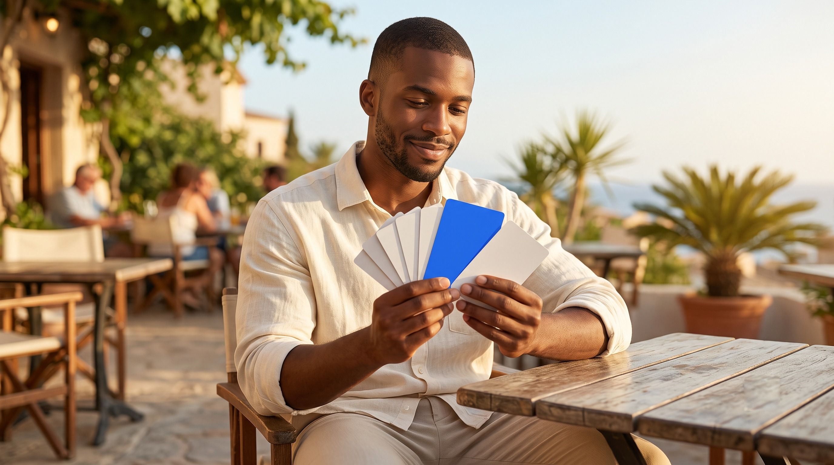A man smiles while holding a hand of blank cards, including one blue card, at an outdoor cafe.