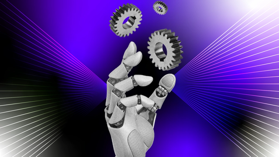 Robotic hand juggling gears on a purple and black background.