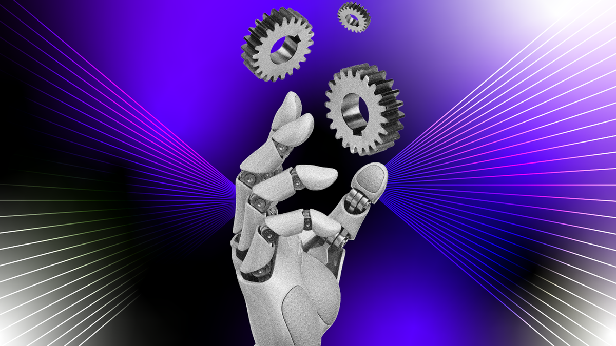 Robotic hand juggling gears on a purple and black background.