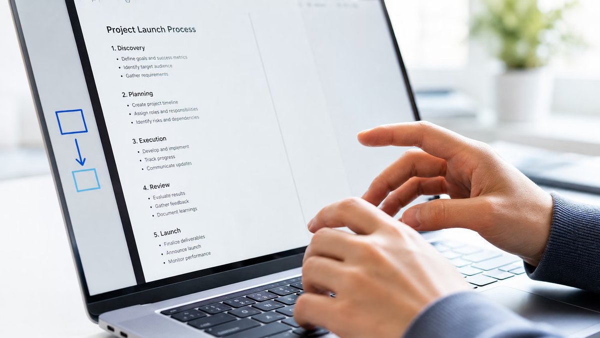 Hands type on a laptop displaying a "Project Launch Process" document.