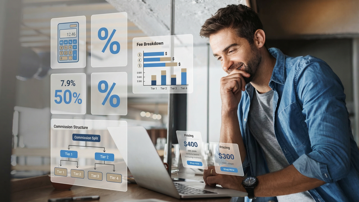 A smiling man views financial data visualized as holographic projections around his laptop.