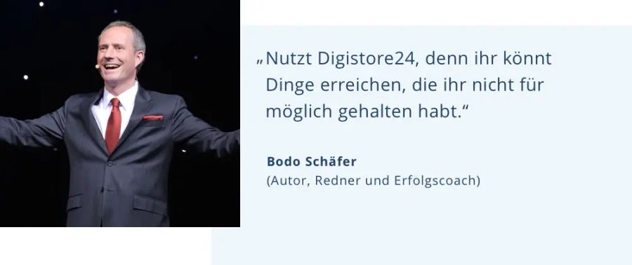 Bodo Schäfer smiling and gesturing, next to his quote about achieving the impossible with Digistore24.
