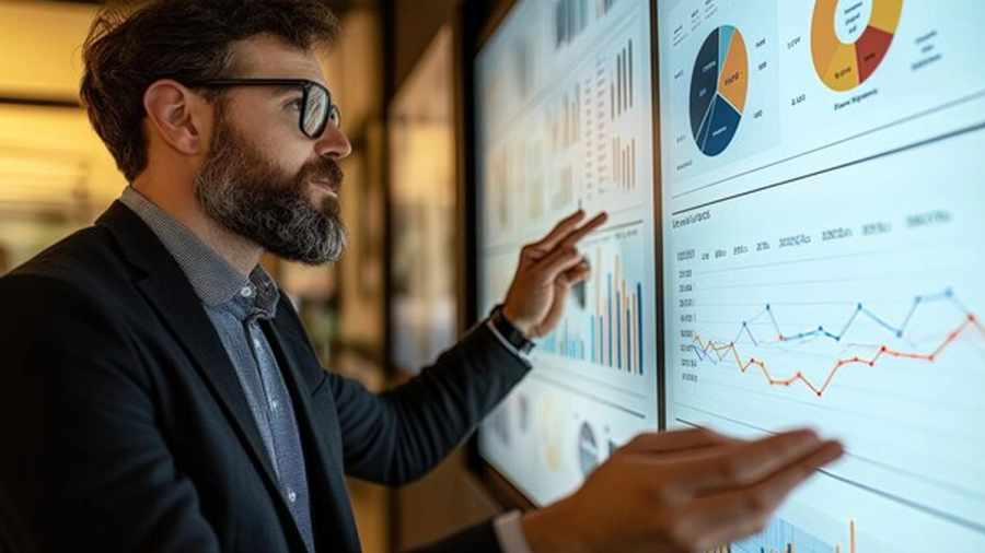 Bearded man in glasses touching a large digital display of data charts.