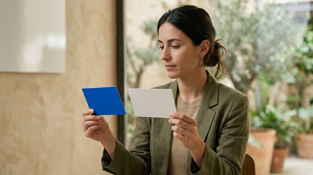 A woman intently views a blue card and a light gray card held in her hands.