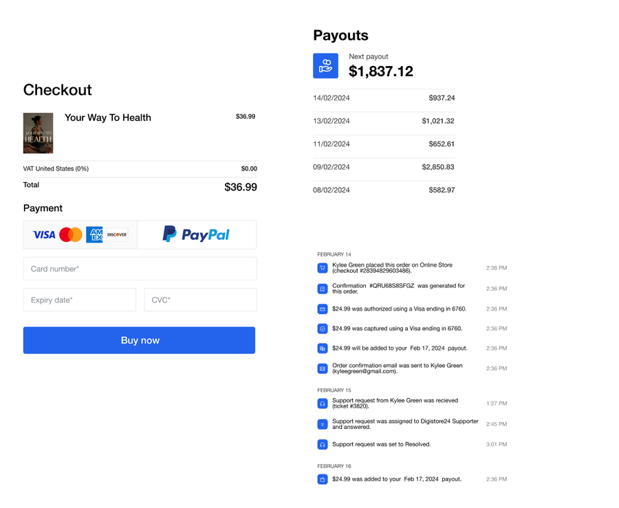 Checkout with card and PayPal payment options beside a payouts panel showing $1,837.12 and an activity feed.