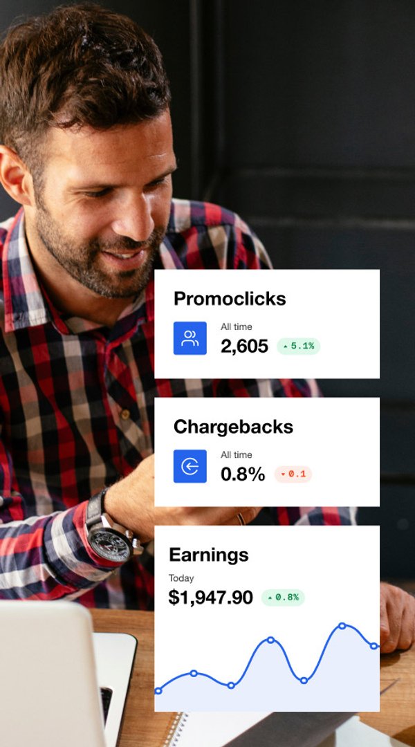 Un homme consulte un tableau de bord numérique affichant des indicateurs commerciaux tels que les clics promotionnels, les rétrofacturations et les gains.