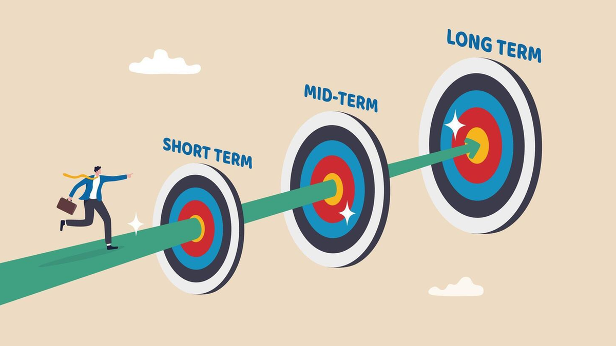 Businessman running along a path that hits the bullseye of targets labeled "Short Term," "Mid-Term," and "Long Term."