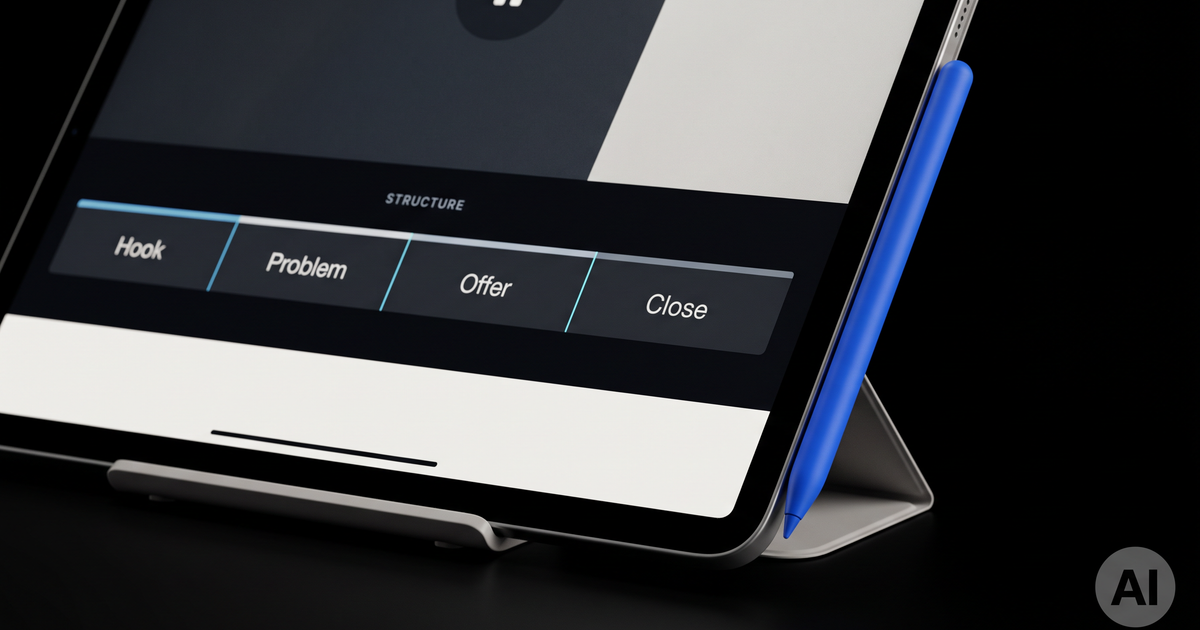 Tablet on a stand with a blue stylus, displaying "Hook, Problem, Offer, Close" content structure options.
