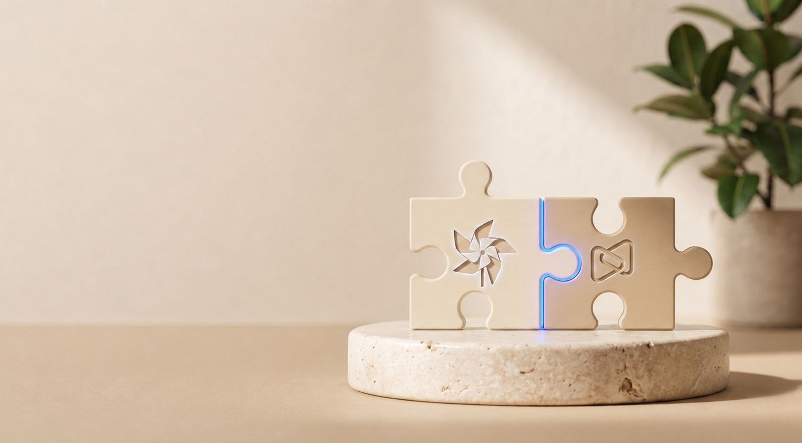 Two interlocking beige puzzle pieces on a pedestal - one has pagewheel logo and the other digistore24 logo signifying integration announcement