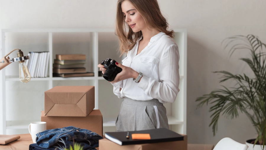 Young woman holding a camera, standing at a desk with shipping boxes and merchandise.