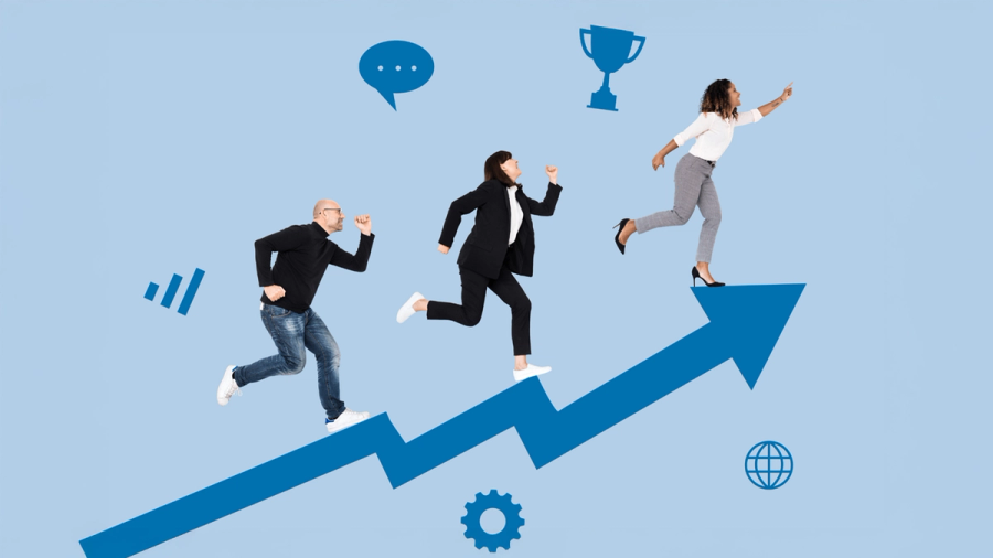 Three people running up a blue zigzagging arrow, symbolizing business growth and success, with icons like a trophy and speech bubble on a light blue background.