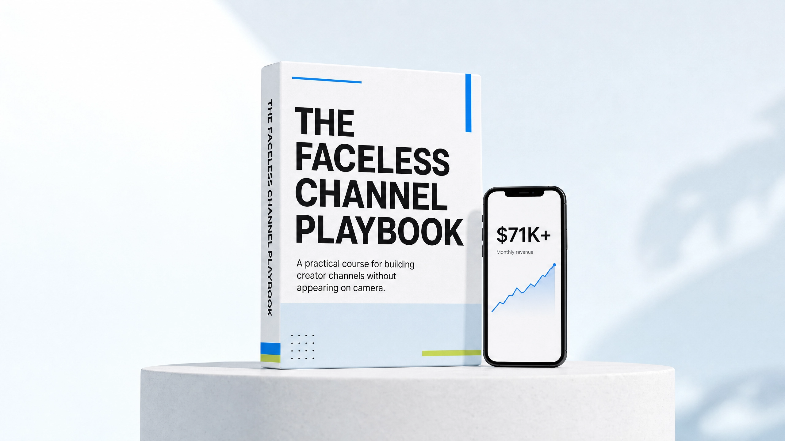The Faceless Channel Playbook next to a smartphone showing $71K+ monthly revenue on a rising graph.