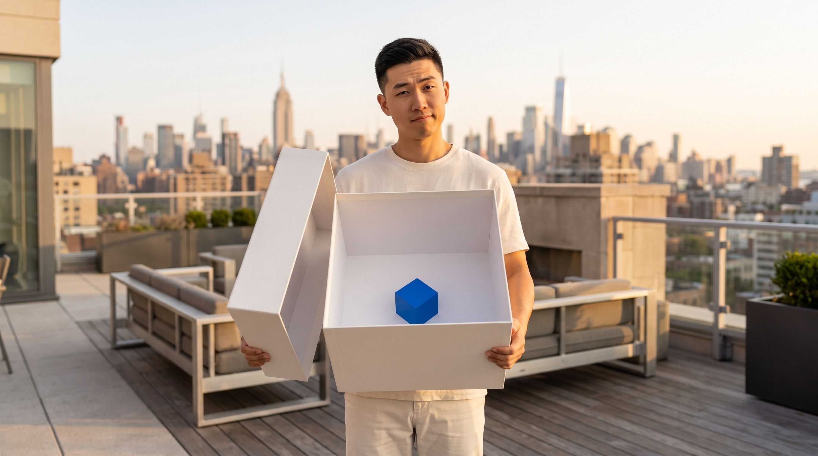 A man on a rooftop holds an open white box containing a small blue cube, looking puzzled, with a city skyline behind him.