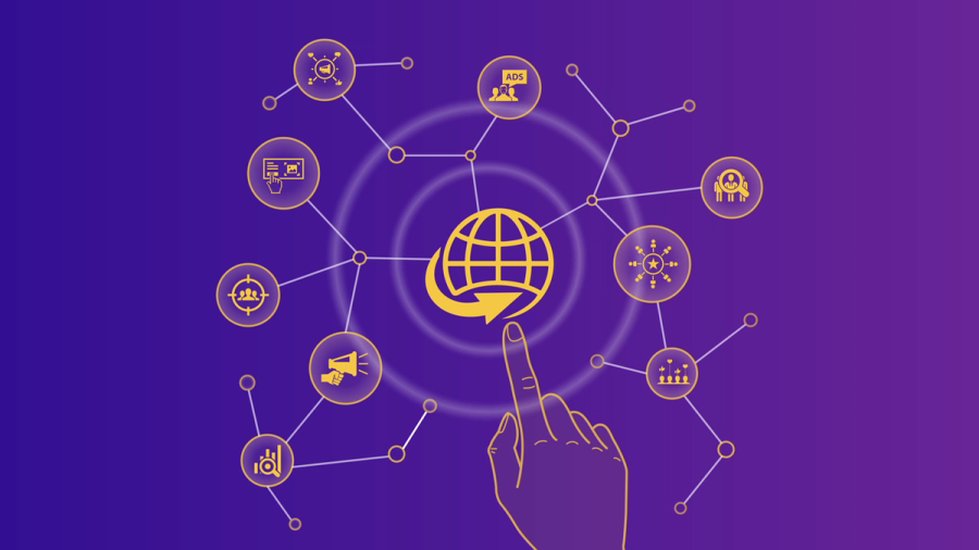 A hand points to a central globe icon, surrounded by a network of gold digital marketing icons on a purple background.