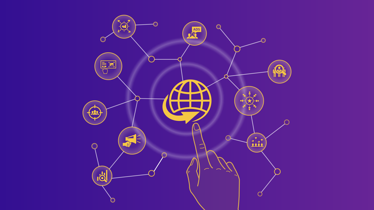 A hand points to a central globe icon, surrounded by a network of gold digital marketing icons on a purple background.