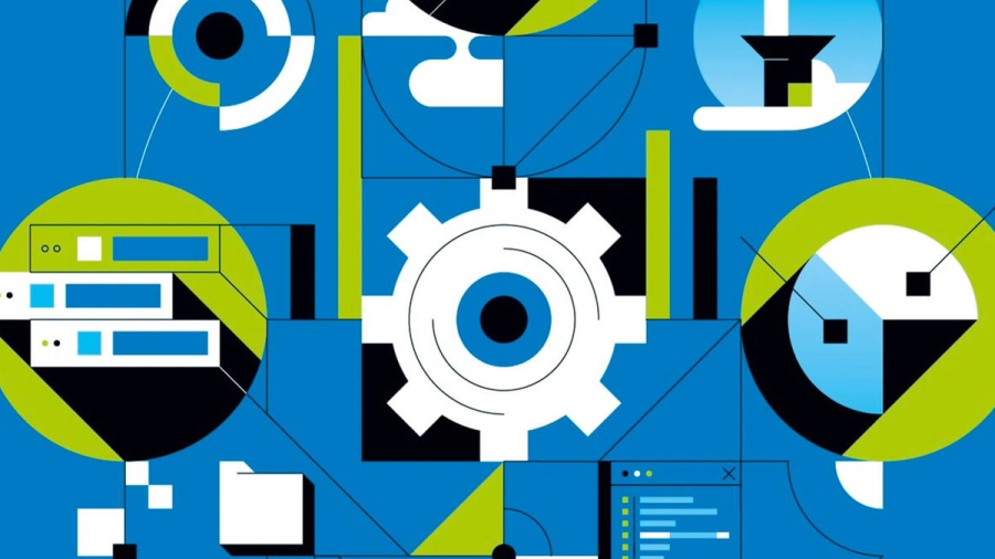 Abstract tech illustration with a gear, servers, charts, and connecting lines.