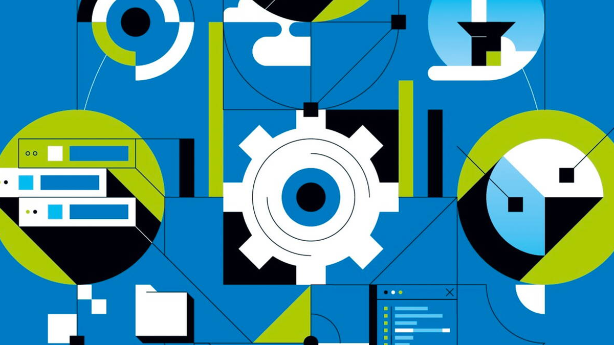 Abstract tech illustration with a gear, servers, charts, and connecting lines.