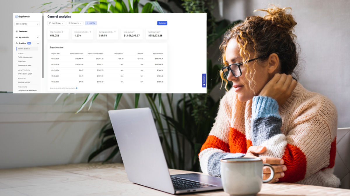 A woman wearing glasses and a colorful sweater looks at a laptop, with an overlaid screenshot of a "General analytics" dashboard.