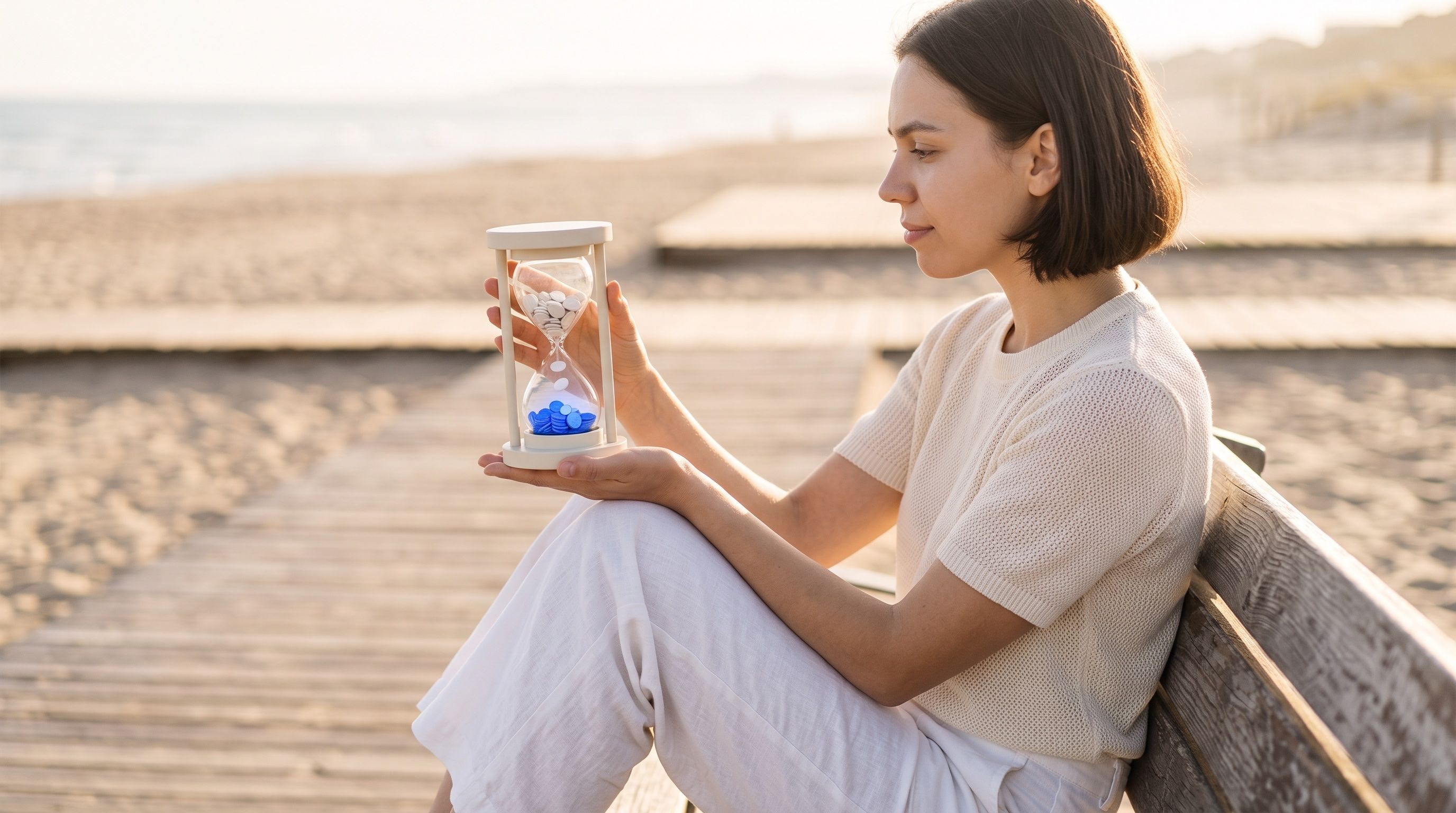 Woman on a beach bench holding an hourglass with blue and white pellets.
