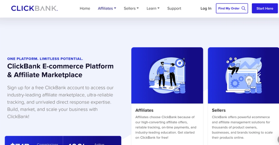 ClickBank homepage promoting its e-commerce and affiliate marketplace for both affiliates and sellers.