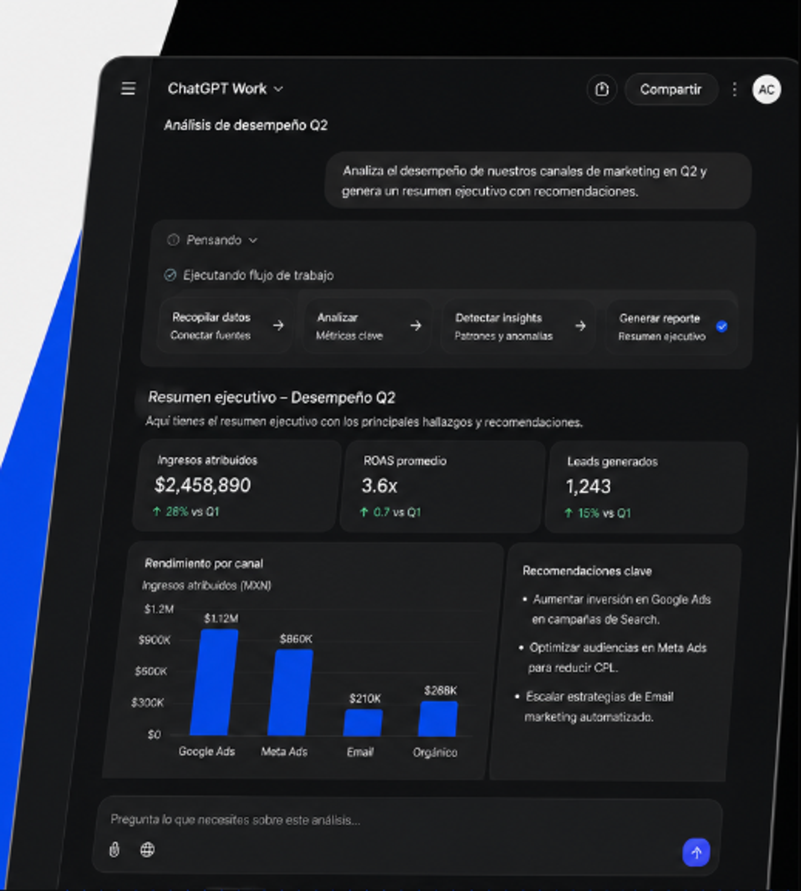 Interfaz de ChatGPT Work ejecutando un flujo de trabajo de contabilidad o marketing]