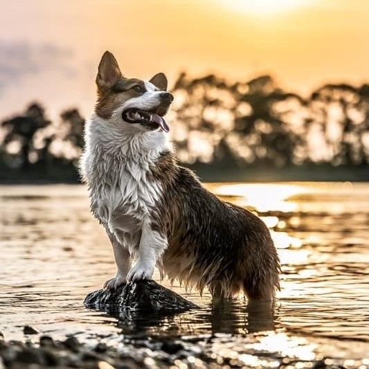 A photo of Tucker, a tricolor Pembroke Welsh Corgi that looks like a majestic mermaid.