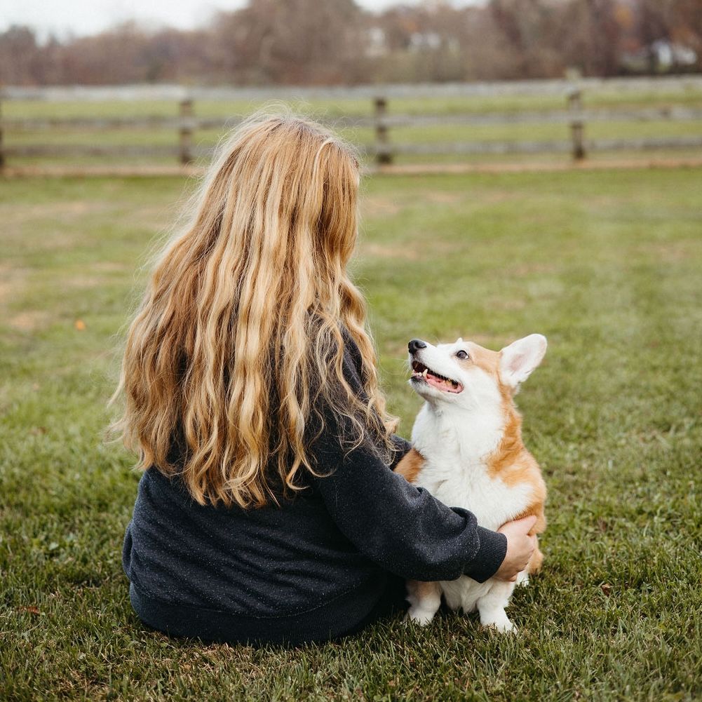 the back of long, blond haired girl sitting in grass looking down at her red and white corgi, Cooper, looking up at her