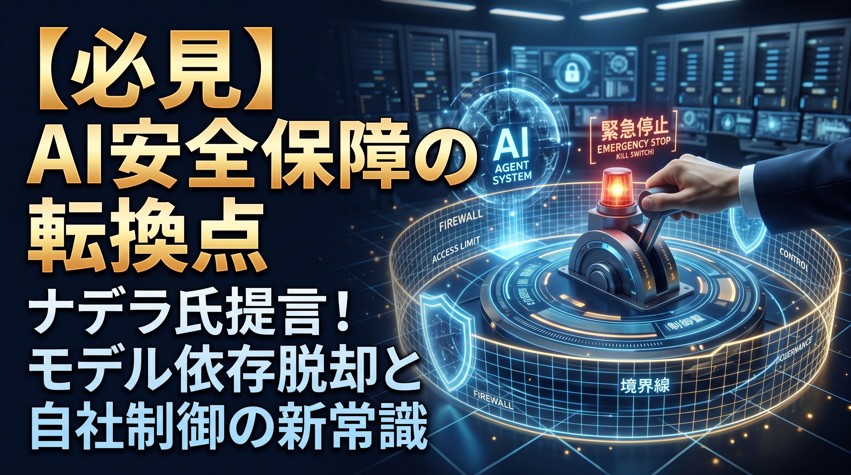 【必見】AI安全保障の転換点 ナデラ氏提言！モデル依存脱却と自社制御の新常識」セキュリティ境界線と緊急停止レバーを人間が制御する近未来空間のビジュアル